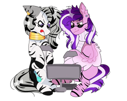 Size: 1000x800 | Tagged: safe, artist:valkiria, oc, oc only, oc:rain sunburst, oc:zilco spices, pegasus, pony, zebra, clothes, console, controller, duo, ear fluff, ear piercing, earring, female, gaming, jewelry, male, mare, markings, monitor, neck rings, piercing, scarf, simple background, sitting, sunglasses, tongue out, transparent background, video game, wing hands, wings, zebra oc