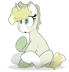 Size: 1400x1457 | Tagged: safe, alternate version, artist:mochi_nation, oc, oc only, oc:flannel tea, pony, unicorn, coat markings, eye clipping through hair, female, mare, simple background, sitting, solo, white background