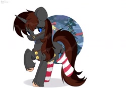 Size: 1280x889 | Tagged: safe, artist:shiny-dust, oc, oc only, oc:twistae, pony, unicorn, bells, bridle, christmas, christmas tree, clothes, commission, female, freckles, harness, holiday, jingle bells, raised hoof, simple background, smiling, socks, solo, striped socks, tack, tree, unshorn fetlocks, white background, your character here