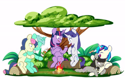 Size: 5681x3539 | Tagged: safe, artist:chub-wub, bon bon, dj pon-3, lyra heartstrings, octavia melody, rarity, sweetie drops, twilight sparkle, vinyl scratch, alicorn, earth pony, pony, unicorn, bush, campfire, eyes closed, eyeshadow, female, fire, food, grass, hot dog, hug, laughing, lesbian, log, lying down, lyrabon, makeup, mare, marshmallow, meat, one eye closed, open mouth, ponies eating meat, prone, raised hoof, rarilight, s'mores, sausage, scratchtavia, shipping, simple background, sitting, skewer, tree, twilight sparkle (alicorn), white background, wink