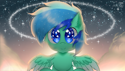 Size: 2000x1125 | Tagged: source needed, useless source url, safe, artist:jadebreeze115, oc, oc only, oc:jade breeze, pegasus, pony, beautiful, blue eyes, chest fluff, cloud, colored wings, cute, gradient wings, halo, heart eyes, looking at you, shading, sitting, smiling, solo, spread wings, starry eyes, starry night, sunset, wingding eyes, wings