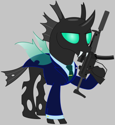 Size: 1522x1665 | Tagged: safe, artist:rd4590, oc, unnamed oc, changeling, clothes, gray background, gun, heckler and koch, lapel pin, looking at you, mp5, navy blazer, necktie, scope, simple background, spread wings, submachinegun, suit, suppressor, vector, weapon, wings
