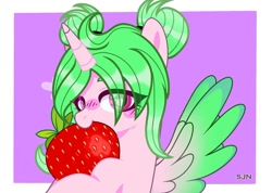 Size: 1080x768 | Tagged: safe, artist:lacey.wonder, oc, oc only, alicorn, pony, abstract background, alicorn oc, blushing, bust, eye clipping through hair, female, food, horn, hug, mare, signature, solo, strawberry, wings
