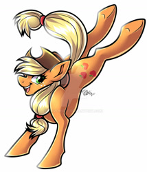 Size: 1280x1494 | Tagged: safe, artist:frivomutt, applejack, earth pony, pony, g4, bucking, deviantart watermark, female, mare, obtrusive watermark, signature, simple background, smiling, solo, watermark, white background