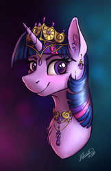 Size: 1028x1582 | Tagged: safe, artist:helmie-art, twilight sparkle, alicorn, pony, g4, bust, chest fluff, crown, ear fluff, ear piercing, earring, female, jewelry, mare, necklace, piercing, portrait, regalia, signature, simple background, smiling, solo, tiara, twilight sparkle (alicorn)