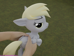 Size: 4000x3000 | Tagged: safe, artist:extremespeed slowpoke, derpy hooves, human, pony, g4, 3d, blender, derpy hooves is not amused, hand, hold x gentle like hamburger, holding a pony, looking back, meme, nose wrinkle, offscreen character, ponified meme, solo focus