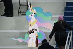Size: 1998x1362 | Tagged: safe, artist:draft the filmmaker, princess celestia, alicorn, human, pony, g4, bernie sanders, face mask, female, irl, irl human, mare, mask, meme, mittens, photo, ponies in real life, sitting