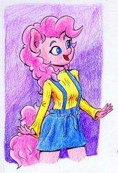 Size: 1172x1710 | Tagged: safe, artist:lost marbles, pinkie pie, earth pony, anthro, g4, colored pencil drawing, cute, female, solo, traditional art