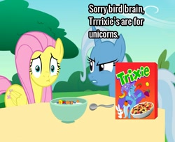Size: 1028x837 | Tagged: safe, artist:renacer87, edit, angel bunny, fluttershy, trixie, pegasus, pony, unicorn, g4, cereal, cropped, duo, food, pony racism, pun, trix