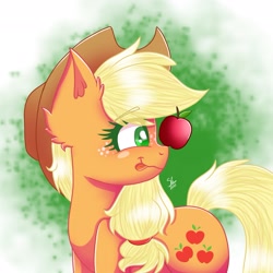 Size: 2213x2213 | Tagged: safe, artist:galaxy swirl, applejack, earth pony, pony, g4, apple, applejack's hat, balancing, cowboy hat, female, food, hat, high res, mare, ponies balancing stuff on their nose, signature, solo, that pony sure does love apples, tongue out