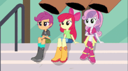 Size: 1100x618 | Tagged: safe, artist:brightstar40k, edit, edited screencap, screencap, apple bloom, scootaloo, sweetie belle, equestria girls, g4, my little pony equestria girls: friendship games, animated, bagged, clothes, cutie mark crusaders, female, gif, trio