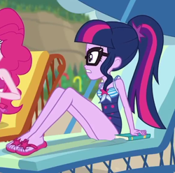 Size: 570x565 | Tagged: safe, screencap, pinkie pie, sci-twi, twilight sparkle, equestria girls, equestria girls series, friendship math, g4, adorasexy, book, clothes, cropped, cute, duo, duo female, feet, female, legs, one-piece swimsuit, sandals, sci-twi swimsuit, sexy, sleeveless, swimsuit