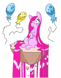Size: 2572x3260 | Tagged: safe, artist:darkgred, pinkie pie, pony, g4, balloon, female, floating island, high res, impossibly long hair, impossibly long tail, pinkamena diane pie, simple background, sitting, solo, surreal, transparent background, waterfall