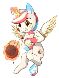 Size: 1024x1349 | Tagged: safe, artist:foxhatart, oc, oc only, oc:funfetti, alicorn, pony, batter, food, magic, simple background, solo, transparent background