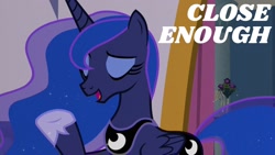 Size: 1920x1080 | Tagged: safe, edit, edited screencap, editor:quoterific, screencap, princess luna, alicorn, pony, g4, the last problem, close enough, eyes closed, flower, hoof shoes, open mouth, solo