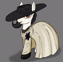 Size: 2382x2358 | Tagged: safe, artist:damset, earth pony, pony, black rose, clothes, dress, ear piercing, earring, gloves, hat, high res, horny, jewelry, lady dimitrescu, latex, latex gloves, lipstick, looking at you, necklace, piercing, ponified, red lipstick, resident evil, resident evil 8, simple background