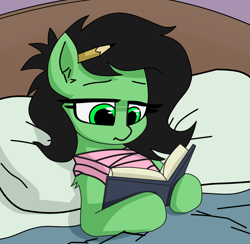 Size: 1383x1350 | Tagged: safe, artist:plunger, artist:retro melon, oc, oc only, oc:filly anon, earth pony, pony, bandaged chest, bed, bedroom, book, comfy, female, filly, implied injury, pencil, pencil behind ear, pillow, reading, solo, spoilers for another series