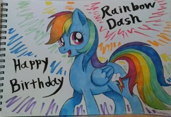 Size: 1577x1080 | Tagged: safe, artist:namaenonaipony, rainbow dash, pegasus, pony, g4, backwards cutie mark, happy birthday, rainbow dash day, rainbow dash's birthday, solo, traditional art
