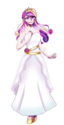 Size: 1920x3764 | Tagged: safe, artist:opal_radiance, princess cadance, human, g4, alternate hairstyle, belt, choker, clothes, crown, dress, eyebrows, eyebrows visible through hair, female, grin, high heels, high res, humanized, jewelry, regalia, ring, shoes, simple background, smiling, solo, transparent background, wedding dress