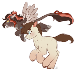 Size: 2000x1900 | Tagged: safe, artist:liefsong, oc, oc:chestnut, oc:cloudjumper, earth pony, pony, sphinx, blushing, chest fluff, colored wings, flying, leonine tail, multicolored wings, paws, running, wings