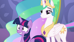 Size: 1920x1080 | Tagged: safe, screencap, princess celestia, twilight sparkle, alicorn, pony, celestial advice, g4, duo, duo female, female, gritted teeth, mare, smiling, twilight sparkle (alicorn)