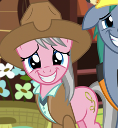 Size: 881x957 | Tagged: safe, screencap, hard hat (g4), wrangler, earth pony, pony, fluttershy leans in, g4, clothes, cowboy hat, cropped, duo, female, grin, gritted teeth, hat, male, mare, nervous, nervous smile, safari jacket, shirt, smiling, stallion, stetson