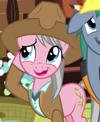 Size: 801x978 | Tagged: safe, screencap, hard hat (g4), wrangler, earth pony, pony, fluttershy leans in, g4, clothes, cowboy hat, cropped, duo, female, hat, male, mare, nervous, nervous laugh, open mouth, safari jacket, shirt, stallion, stetson, wavy mouth