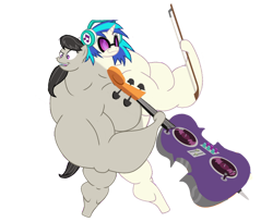 Size: 990x807 | Tagged: safe, dj pon-3, octavia melody, vinyl scratch, earth pony, pony, unicorn, g4, bipedal, bow (instrument), breasts, buff, buff breasts, cello, cello bow, conjoined, female, fetish, fused, fusion, growth, lol, multiple heads, muscle expansion, muscle fetish, muscles, muscular female, music, musical instrument, two heads, vector, we have become one