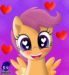 Size: 3840x4154 | Tagged: safe, artist:damlanil, scootaloo, pegasus, pony, g4, blushing, cute, cutealoo, female, filly, happy, heart, heart eyes, looking at you, mare, open mouth, simple background, smiling, vector, weapons-grade cute, wingding eyes, wings
