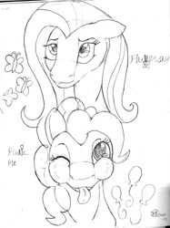 Size: 956x1280 | Tagged: safe, artist:jimfoxx, fluttershy, pinkie pie, earth pony, pegasus, pony, g4, :p, cutie mark, digital art, duo, female, looking at you, mare, monochrome, one eye closed, simple background, sketch, tongue out, white background