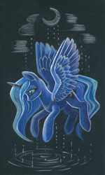 Size: 691x1150 | Tagged: safe, artist:maytee, princess luna, alicorn, pony, g4, black paper, colored pencil drawing, crescent moon, moon, solo, traditional art