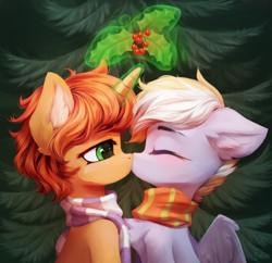 Size: 3000x2907 | Tagged: safe, artist:inowiseei, oc, oc only, pegasus, pony, unicorn, female, high res, holly, holly mistaken for mistletoe, kiss on the lips, kissing, magic, mare