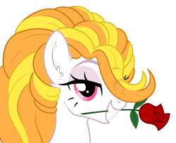 Size: 4431x3595 | Tagged: safe, artist:rioshi, artist:shelinarts, artist:starshade, oc, oc only, oc:storm shield, pegasus, pony, commission, digital art, female, flower, flower in mouth, hair over one eye, mare, rose, rose in mouth, simple background, smiling, solo, white background, ych result