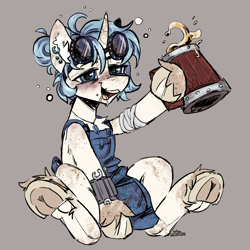 Size: 2000x2000 | Tagged: safe, artist:cherry_kotya, oc, oc only, oc:moonshine stout, pony, unicorn, alcohol, apron, bandage, beer, beer mug, blushing, clothes, colored hooves, drunk, drunk bubbles, female, frog (hoof), full body, glasses, high res, horn, looking at you, simple background, tools, underhoof