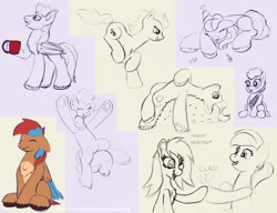 Size: 1300x1000 | Tagged: oc name needed, safe, artist:redquoz, pinkie pie, oc, oc:allegra mazarine, bat pony, bird, bird pone, earth pony, pegasus, pony, g4, 2021, baby new year, bat pony oc, blue feather, blue mane, brown coat, chest fluff, collage, colored sketch, derp, drawpile, ear fluff, eyes closed, fangs, feathered tail, female, floppy ears, foal, happy, hat, hoofbump, hooves, jumping, looking at each other, lying down, male, mare, mug, on back, onomatopoeia, open smile, party, party hat, pegasus oc, ponytail, red feather, red mane, red mug, sketch, sketch dump, sleeping, smiling, sound effects, stallion, two toned mane, two toned wings, url, wings