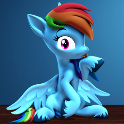 Size: 2160x2160 | Tagged: safe, artist:psfmer, rainbow dash, pegasus, pony, 3d, behaving like a cat, female, gradient background, hoof licking, licking, looking at you, mare, sitting, solo, source filmmaker, spread wings, surprised, tongue out, unshorn fetlocks, wings, wooden floor