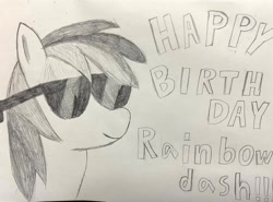 Size: 2048x1516 | Tagged: safe, artist:maud_pie_s4, rainbow dash, pegasus, pony, g4, bust, happy birthday, monochrome, portrait, rainbow dash day, rainbow dash's birthday, solo, sunglasses, traditional art
