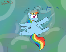 Size: 4112x3248 | Tagged: safe, artist:rupert, rainbow dash, pegasus, pony, g4, belly, belly button, bubble, bubble fetish, cheek fluff, chest fluff, circling stars, dazed, derp, dizzy, featureless crotch, female, implied crash, implied derpy, mare, spread legs, spreading, squishy