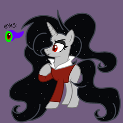 Size: 1378x1378 | Tagged: safe, artist:circuspaparazzi5678, oc, oc only, oc:veronica neighsay, pony, unicorn, base used, clothes, eyeshadow, lipstick, magical gay spawn, makeup, offspring, parent:chancellor neighsay, parent:king sombra, purple background, red eyes, red shirt, shirt, simple background, solo, sombra eyes, wavy mane