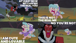 Size: 2000x1125 | Tagged: safe, edit, edited screencap, editor:quoterific, screencap, cozy glow, lord tirek, centaur, pegasus, pony, frenemies (episode), g4, angry, argument, blatant lies, clothes, coat, duo, eyes closed, female, filly, hat, hypocritical humor, male, open mouth, snow, winter outfit