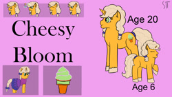 Size: 1280x720 | Tagged: safe, artist:schumette14, oc, oc:cheesy bloom, pony, unicorn, food, ice cream, offspring, parent:cheese sandwich, parent:lily lace, parents:cheeselace, parents:lilydwich, redesign, story in the source, story included
