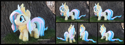 Size: 4807x1754 | Tagged: safe, artist:peruserofpieces, fluttershy, princess celestia, pegasus, pony, g4, testing testing 1-2-3, beanie (plushie), celestia costume, celestia's crown, clothes, cosplay, costume, crest, crown, fake horn, female, irl, jewelry, mare, peytral, photo, plushie, regalia, roleplaying, shoes, shylestia, smiling, solo, standing, tree, wings