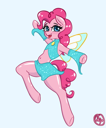 Size: 1000x1200 | Tagged: safe, artist:plaguemare, pinkie pie, fairy, fairy pony, original species, pony, semi-anthro, g4, arm hooves, belly button, bloom (winx club), blushing, clothes, cosplay, costume, crossover, eyelashes, fairy wings, fairyized, female, flying, happy, jumping, magic winx, mare, simple background, skirt, smiling, solo, wings, winx, winx club, winxified