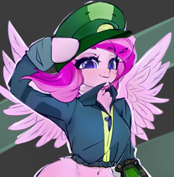 Size: 1555x1580 | Tagged: safe, artist:haokan, oc, oc only, pegasus, semi-anthro, fallout equestria, arm hooves, blushing, clothes, cute, female, jacket, looking at you, mare, salute, simple background, smiling, solo, uniform
