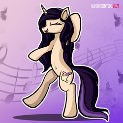 Size: 6000x6000 | Tagged: safe, artist:aldobronyjdc, oc, oc only, oc:melody verve, pony, unicorn, absurd resolution, belly button, digital art, eyes closed, female, happy, music notes, simple background, smiling, solo, standing