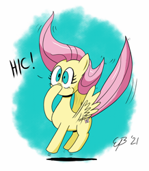 Size: 1024x1175 | Tagged: safe, artist:cartoon-eric, fluttershy, pegasus, pony, g4, covering mouth, female, hiccup, hoof over mouth, jumping, mare, midair, onomatopoeia, partial background, raised hoof, solo, spread wings, three quarter view, wings