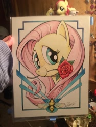 Size: 1536x2048 | Tagged: safe, artist:andypriceart, derpy hooves, doctor whooves, fluttershy, time turner, bee, insect, pegasus, pony, g4, cute, female, flower, looking at you, mare, mouth hold, pencil drawing, photo, plushie, rose, shyabetes, traditional art