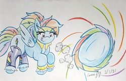 Size: 1919x1237 | Tagged: safe, artist:gmangamer25, rainbow dash, pegasus, pony, g4, ball, clothes, crossover, female, male, mare, rainball, rolling, solo, sonic the hedgehog, sonic the hedgehog (series), spin dash, sweater, traditional art