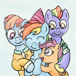 Size: 600x600 | Tagged: safe, artist:m.w., bow hothoof, rainbow dash, scootaloo, windy whistles, pegasus, pony, g4, colored sketch, cute, dashabetes, eyes closed, female, filly, foal, group hug, happy, hat, hug, male, mare, party hat, rainbow dash day, stallion, wholesome