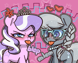 Size: 1867x1516 | Tagged: safe, artist:lou, diamond tiara, silver spoon, earth pony, pony, g4, :p, blushing, cute, diamondbetes, female, filly, glasses, heart, looking at you, mlem, silly, silverbetes, smiling, tongue out